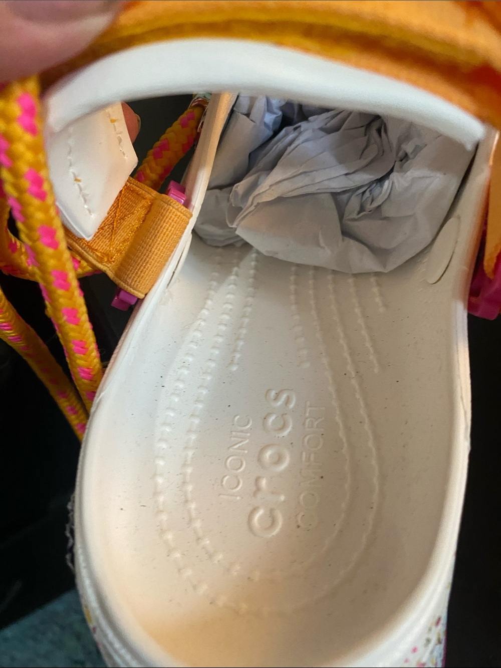 CROCS White Sandal with Pink & Yellow Rope Accents - Picture 5 of 5